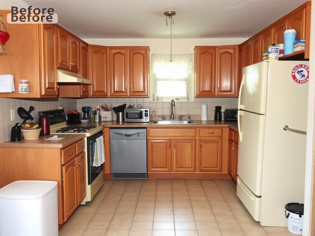 Before renovation: outdated oak kitchen with worn linoleum flooring