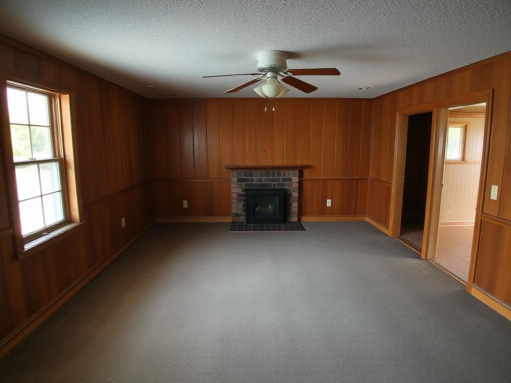 Before renovation: dark wood-paneled living room with worn gray carpet