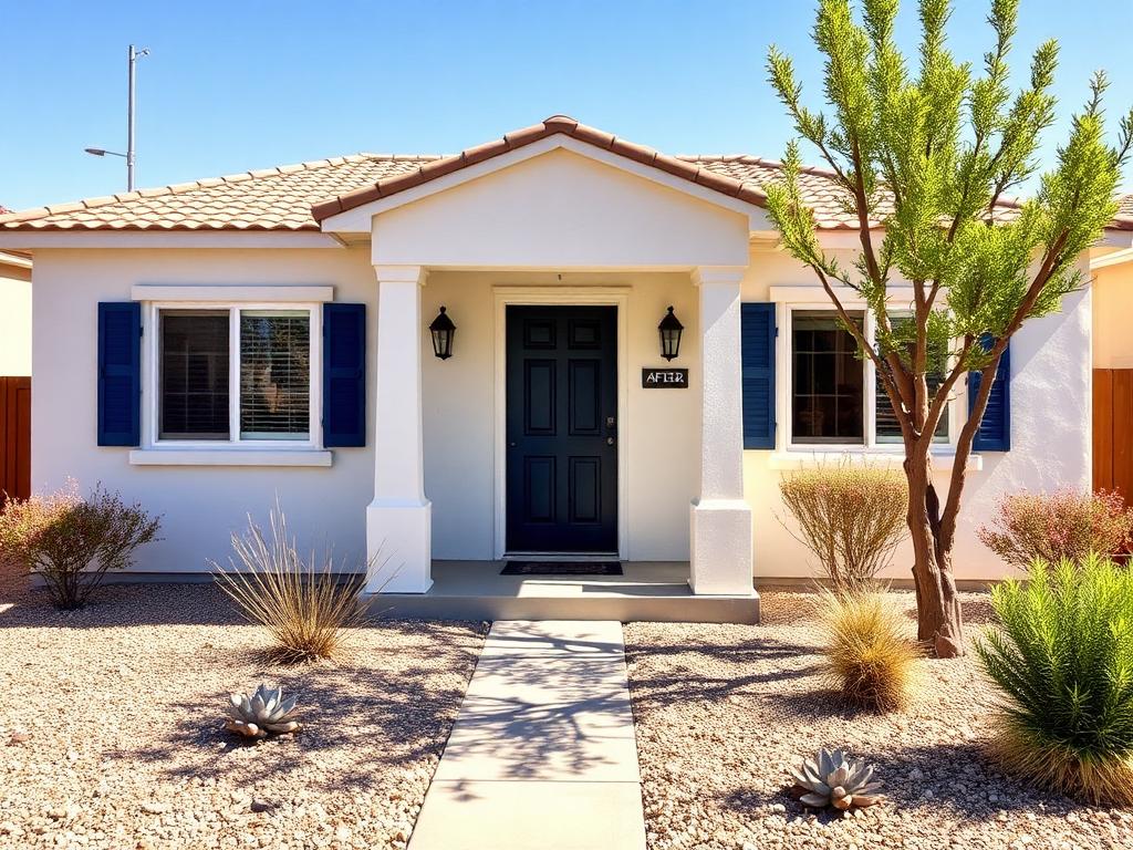 After renovation: charming stucco bungalow with warm white paint and desert landscaping
