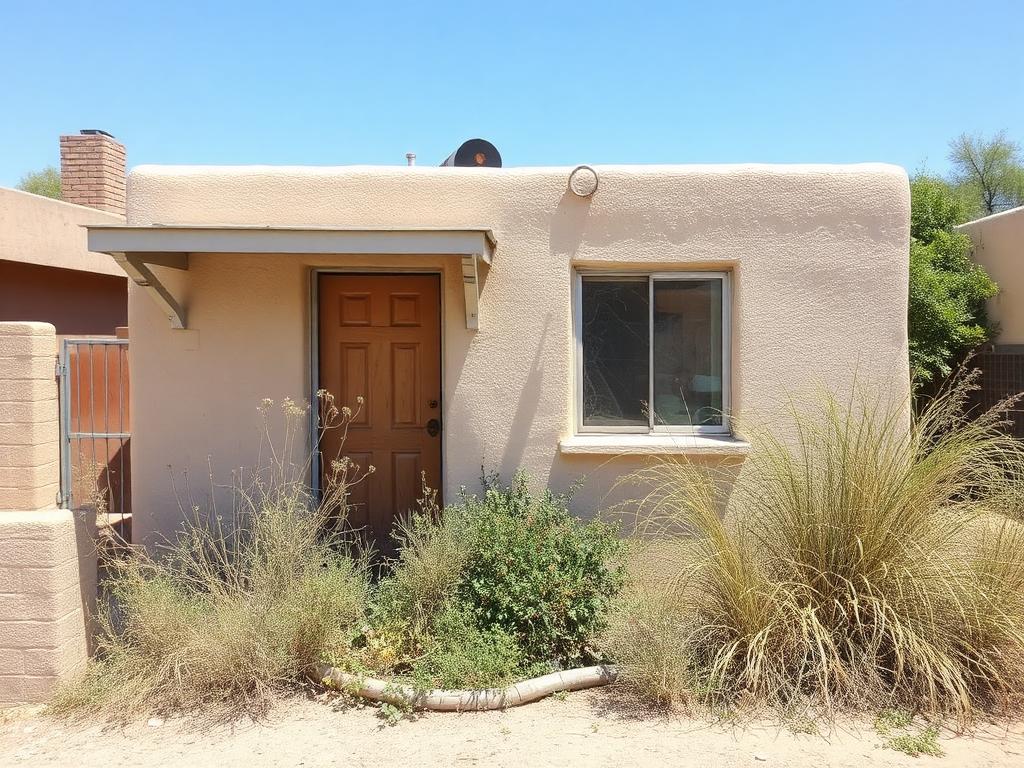 Before renovation: neglected stucco bungalow with overgrown weeds and faded paint